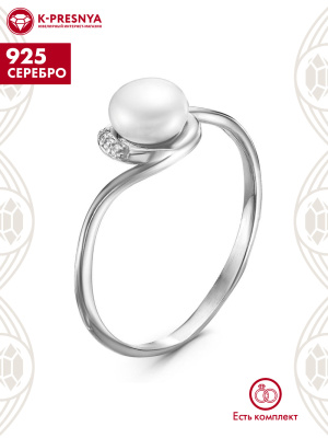 Кольцо серебро 925 пробы, покрытие - родирование, вставка - культивированный жемчуг, фианит (недрагоценный камень)
