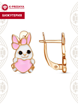 Серьги бижутерия, покрытие - золочение, отделка - эмаль, вставка - фианит (недрагоценный камень)