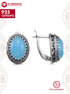 Серьги серебро 925 пробы, покрытие - оксидирование, вставка - искусственный агат голубой