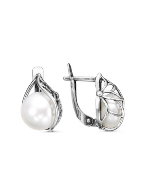Серьги серебро 925 пробы, покрытие - оксидирование, вставка - культивированный жемчуг