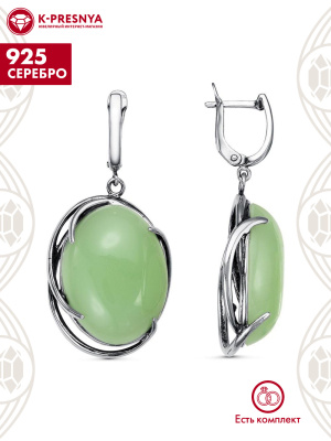 Серьги серебро 925 пробы, покрытие - оксидирование, вставка - искусственный нефрит