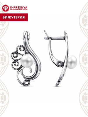 Серьги бижутерия, покрытие - серебрение с оксидированием, вставка - культивированный жемчуг