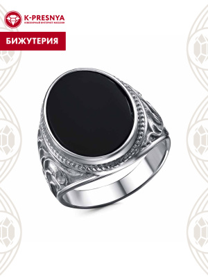 Кольцо бижутерия, покрытие - серебрение с оксидированием, вставка - искусственный агат черный