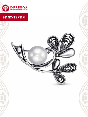 Брошь бижутерия, покрытие - серебрение с оксидированием, вставка - культивированный жемчуг