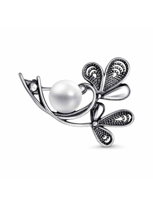 Брошь серебро 925 пробы, покрытие - оксидирование, вставка - культивированный жемчуг