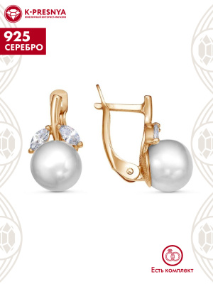 Серьги серебро 925 пробы, покрытие - золочение, вставка - культивированный жемчуг, фианит (недрагоценный камень)