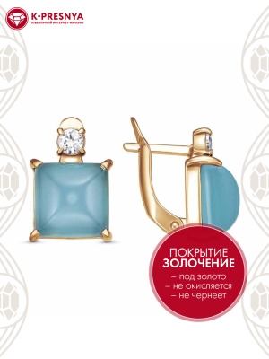 Серьги бижутерия, покрытие - золочение, вставка - искусственный халцедон, фианит (недрагоценный камень)
