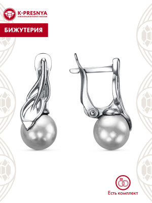 Серьги бижутерия, покрытие - серебрение с оксидированием, вставка - имитация жемчуга