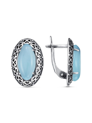 Серьги серебро 925 пробы, покрытие - оксидирование, вставка - искусственный халцедон