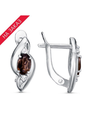 Серьги серебро 925 пробы, покрытие - родирование, вставка - дымчатый кварц, фианит (недрагоценный камень)
