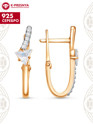 Серьги серебро 925 пробы, покрытие - золочение, выборочное родирование, вставка - фианит (недрагоценный камень)