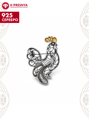 Брошь серебро 925 пробы, покрытие - оксидирование, выборочное золочение, без вставок