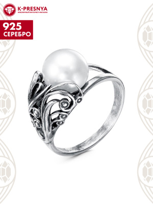 Кольцо серебро 925 пробы, покрытие - оксидирование, вставка - культивированный жемчуг
