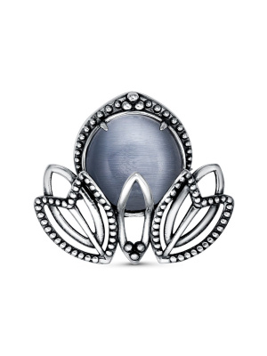 Брошь бижутерия, покрытие - серебрение с оксидированием, вставка - искусственный кошачий глаз