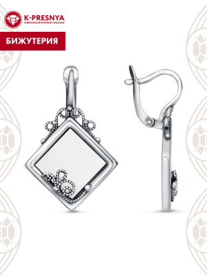 Серьги бижутерия, покрытие - серебрение с оксидированием, вставка - искусственный агат белый