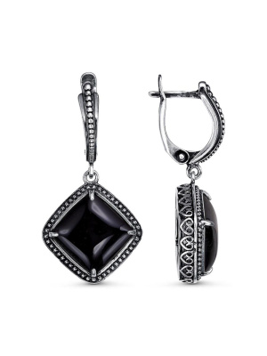 Серьги бижутерия, покрытие - серебрение с оксидированием, вставка - искусственный агат черный