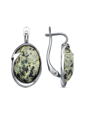 Серьги бижутерия, покрытие - серебрение с оксидированием, вставка - змеевик