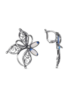 Серьги бижутерия, покрытие - серебрение с оксидированием, вставка - стекло ювелирное собственной огранки