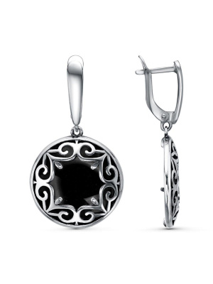 Серьги бижутерия, покрытие - серебрение с оксидированием, вставка - искусственный агат черный