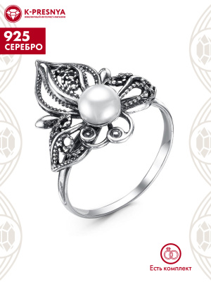 Кольцо серебро 925 пробы, покрытие - оксидирование, вставка - культивированный жемчуг