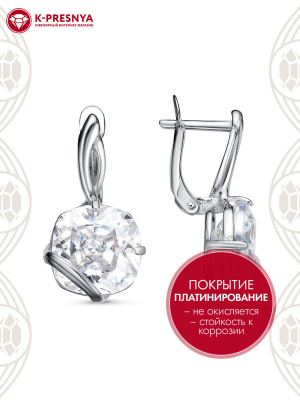 Серьги бижутерия, покрытие - платинирование, вставка - фианит (недрагоценный камень)