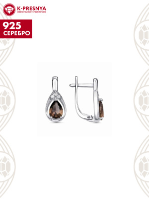 Серьги серебро 925 пробы, покрытие - родирование, вставка - дымчатый кварц, фианит (недрагоценный камень)