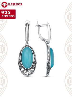 Серьги серебро 925 пробы, покрытие - оксидирование, вставка - искусственный кошачий глаз