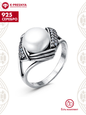 Кольцо серебро 925 пробы, покрытие - оксидирование, вставка - культивированный жемчуг, фианит (недрагоценный камень)