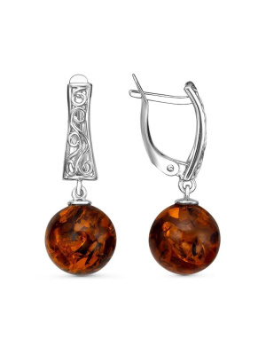 Серьги бижутерия, покрытие - серебрение с оксидированием, вставка - искусственный янтарь