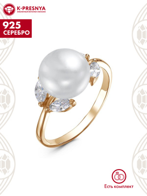 Кольцо серебро 925 пробы, покрытие - золочение, вставка - культивированный жемчуг, фианит (недрагоценный камень)