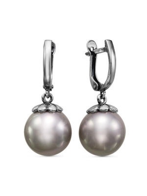 Серьги бижутерия, покрытие - серебрение с оксидированием, вставка - имитация жемчуга