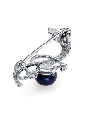 Брошь бижутерия, покрытие - платинирование, вставка - культивированный жемчуг, фианит (недрагоценный камень)