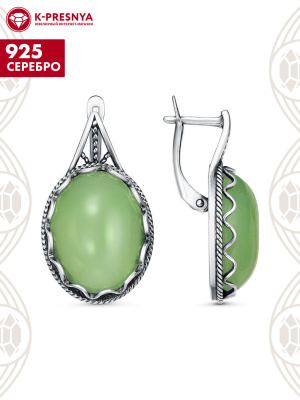 Серьги серебро 925 пробы, покрытие - оксидирование, вставка - нефрит (искусственный)
