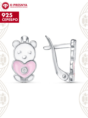 Серьги серебро 925 пробы, покрытие - платинирование, отделка - эмаль, вставка - фианит (недрагоценный камень)