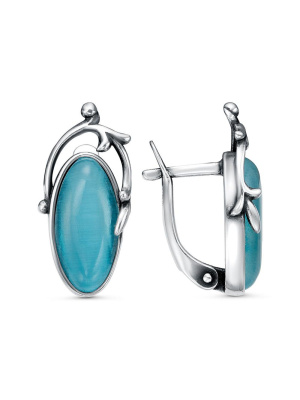 Серьги бижутерия, покрытие - серебрение с оксидированием, вставка - искусственный кошачий глаз