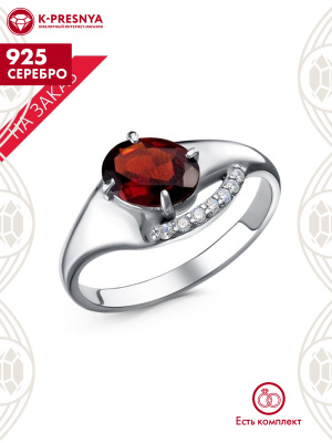 Кольцо серебро 925 пробы, покрытие - платинирование, вставка - гранат (полудрагоценный камень), фианит (недрагоценный камень)