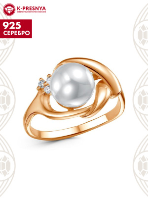 Кольцо серебро 925 пробы, покрытие - золочение, вставка - имитация жемчуга, фианит (недрагоценный камень)