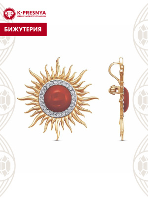 Брошь бижутерия, покрытие - золочение, выборочное родирование, вставка - искусственный коралл, стекло ювелирное preciosa