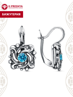 Серьги бижутерия, покрытие - серебрение с оксидированием, вставка - фианит (недрагоценный камень)