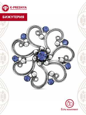 Брошь бижутерия, покрытие - серебрение с оксидированием, вставка - стекло ювелирное preciosa
