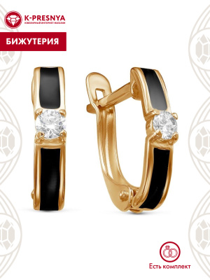 Серьги бижутерия, покрытие - золочение, отделка - эмаль, вставка - фианит (недрагоценный камень)