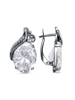 Серьги серебро 925 пробы, покрытие - оксидирование, вставка - фианит (недрагоценный камень)