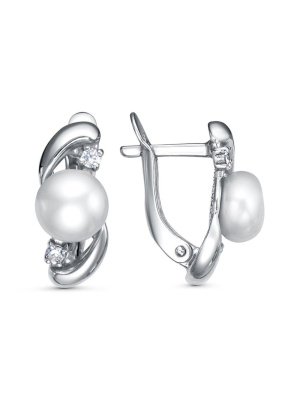 Серьги серебро 925 пробы, покрытие - платинирование, вставка - культивированный жемчуг, фианит (недрагоценный камень)