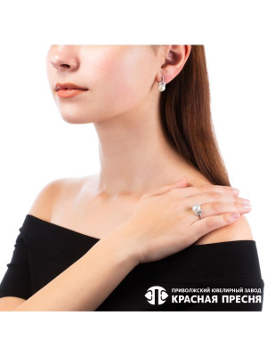 Серьги серебро 925 пробы, покрытие - родирование, вставка - культивированный жемчуг, фианит (недрагоценный камень)