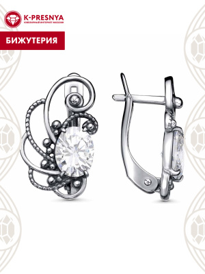 Серьги бижутерия, покрытие - серебрение с оксидированием, вставка - фианит (недрагоценный камень)