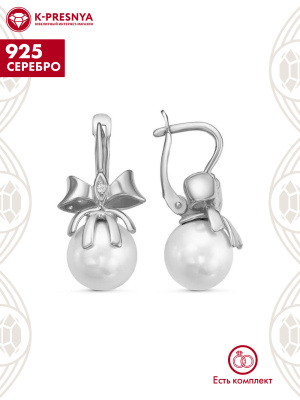Серьги серебро 925 пробы, покрытие - оксидирование, вставка - имитация жемчуга, фианит (недрагоценный камень)