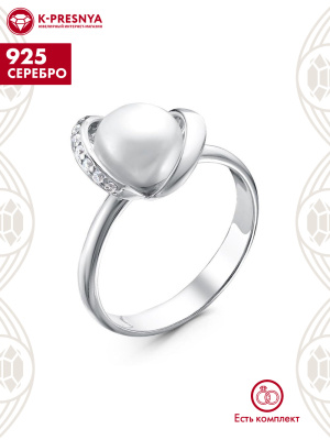 Кольцо серебро 925 пробы, покрытие - родирование, вставка - культивированный жемчуг, фианит (недрагоценный камень)
