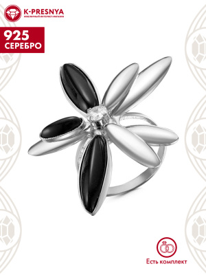 Кольцо серебро 925 пробы, покрытие - оксидирование, вставка - искусственный агат черный, фианит (недрагоценный камень)