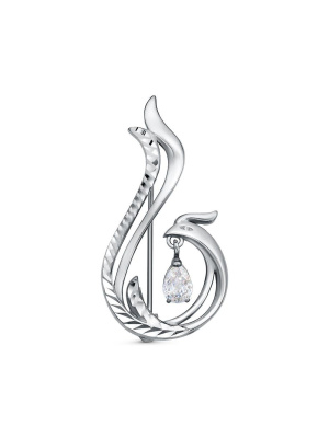 Брошь серебро 925 пробы, покрытие - оксидирование, отделка - алмазная грань, вставка - фианит (недрагоценный камень)