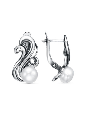 Серьги серебро 925 пробы, покрытие - оксидирование, вставка - культивированный жемчуг